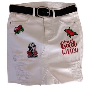 One-of-a-Kind Upcycled Witchy Denim Mini Skirt – Distressed White, NWOT~ Size 8